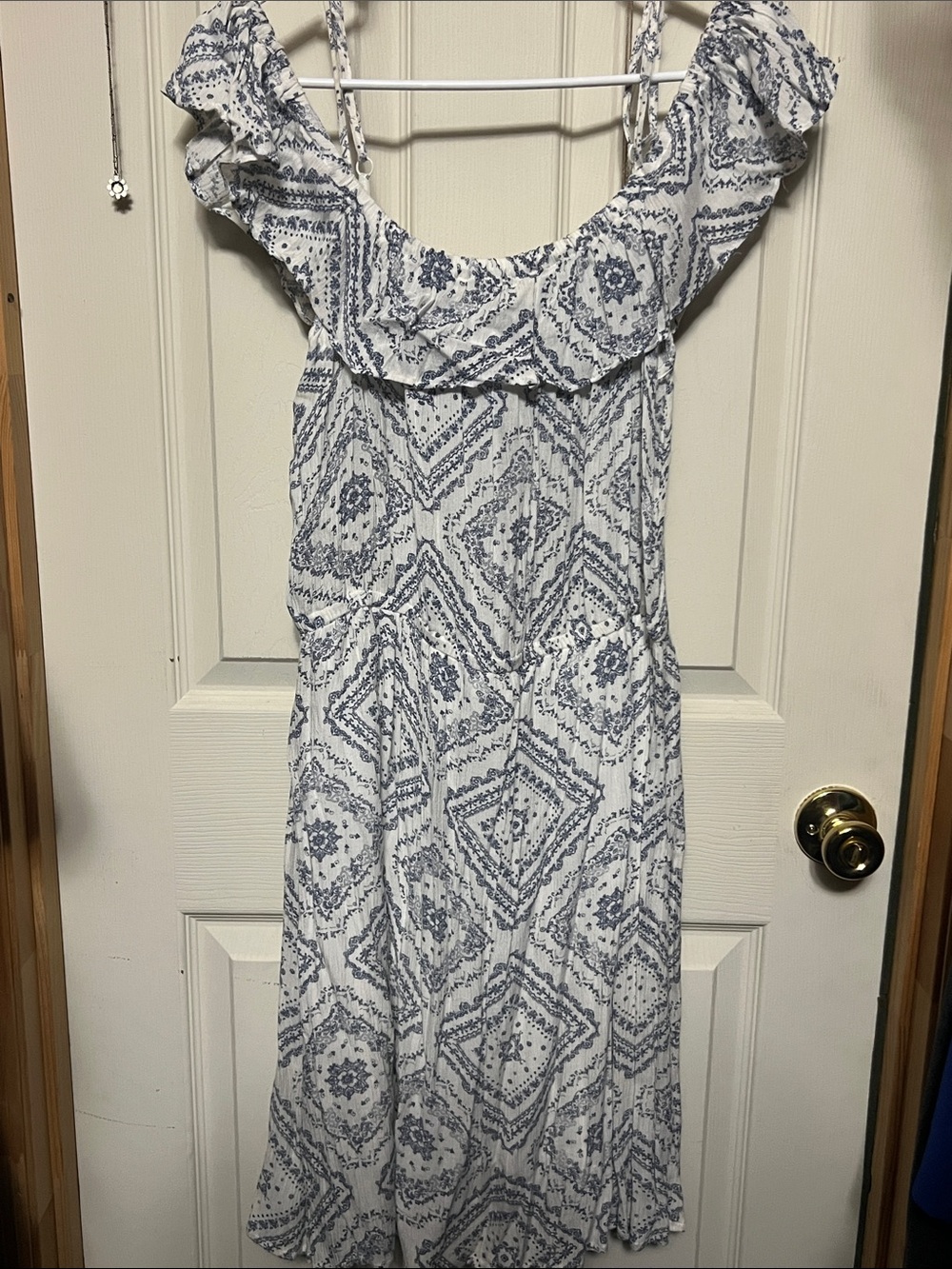 Off-Shoulder White and Blue Printed Summer Dress